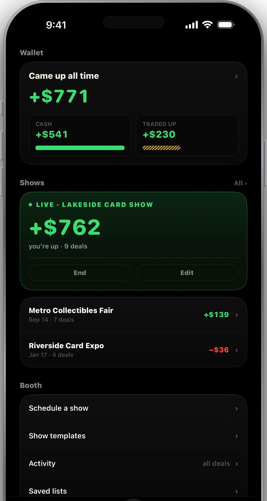 Margin's booth screen tracking a live show's deals and profit