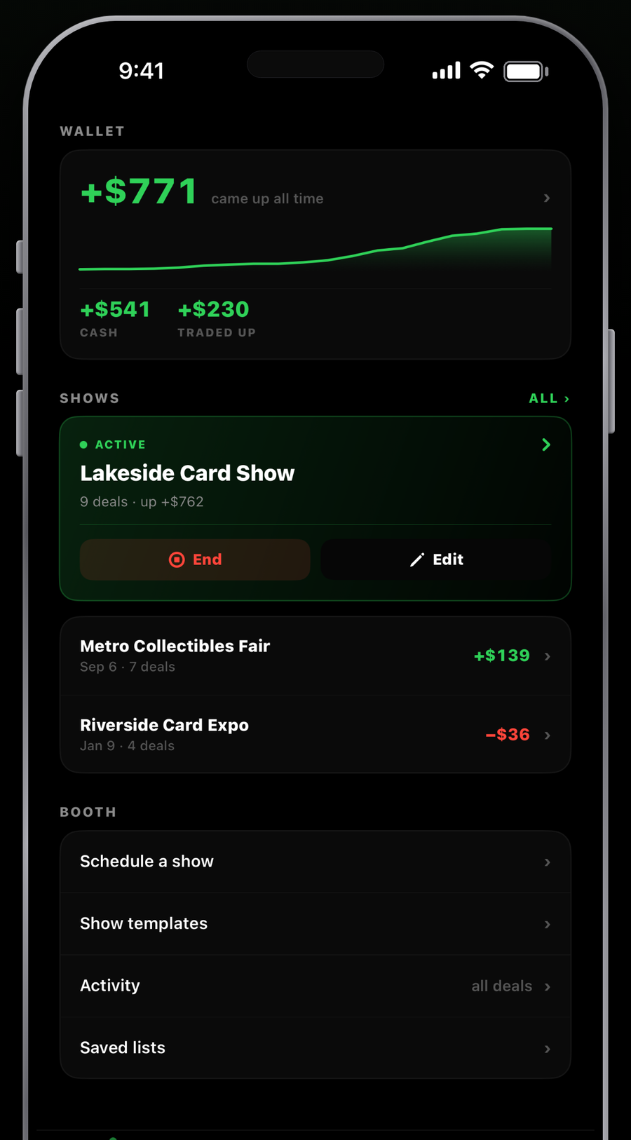 Margin's booth screen tracking a live show's deals and profit